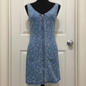 No Boundaries Sleeveless Denim Mini Dress Floral Full Zip Casual Blue Jean‎ XS